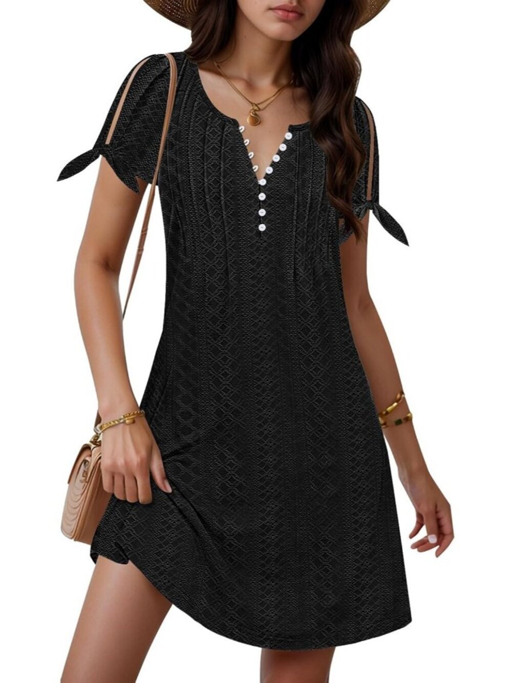 Women's Lace Black Cover Short Sleeve Summer Neck Button Down Boho Mini Dress